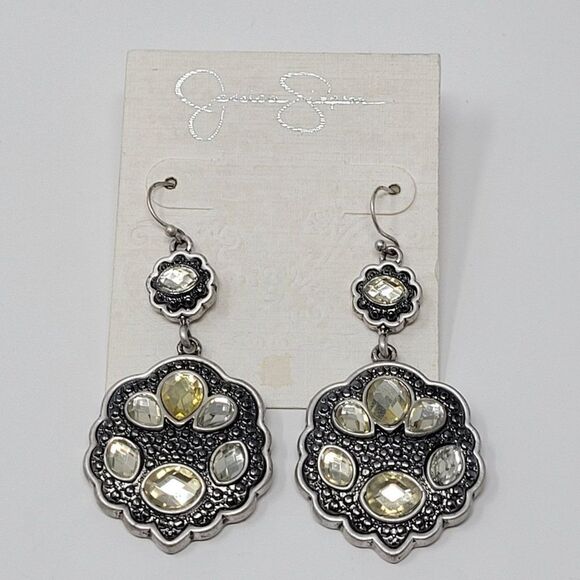 Jessica Simpson Silver Tone Rhinestone Medallion Dangle Earrings Pierced Hook - Picture 1 of 5